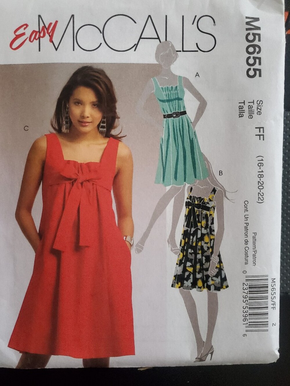 Easy McCALL'S M5655 Sleeveless Bow Front Dress New 16,18,20,22